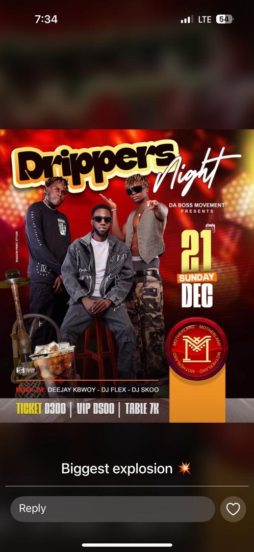 Drippers Night was successfully held at the Motherland Event Centre in The Gambia. The program was organized by the Boss Movement, bringing together music lovers, creatives, and nightlife enthusiasts for an energetic and memorable experience.